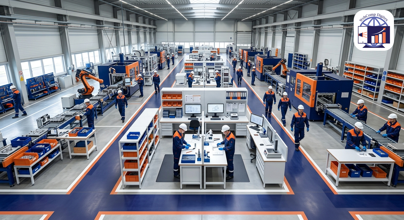 Overhead view of organized factory floor with machinery, quality control station, and workers in safety gear, profession