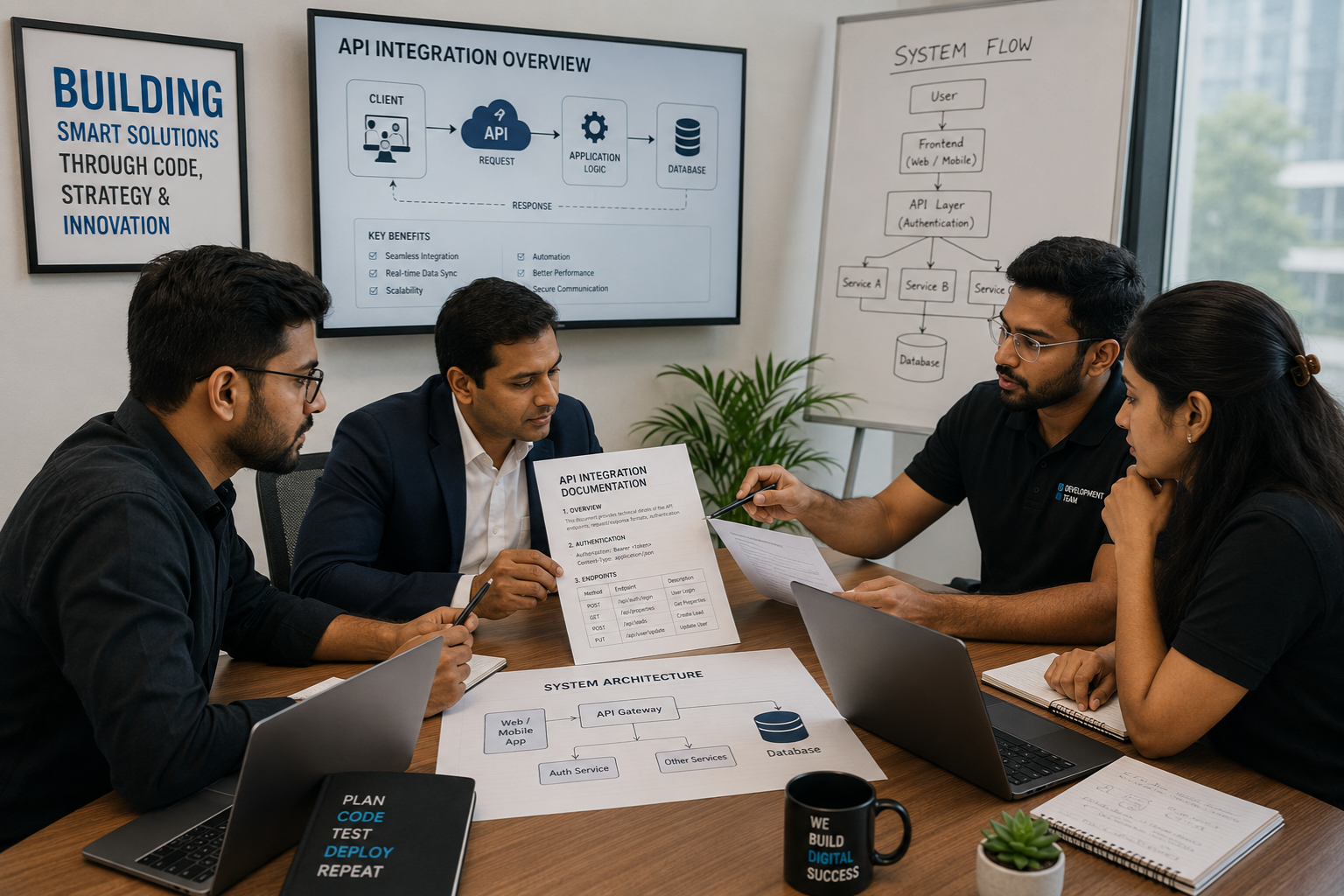 Business owner reviewing API integration documentation and system flow charts with Webcomp Digitex development team in Pune office
