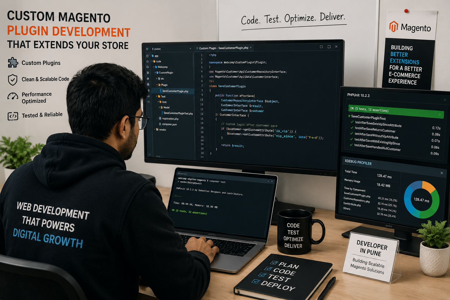 Webcomp Digitex developer in Pune working on custom Magento plugin code with PHPUnit testing and performance profiling tools