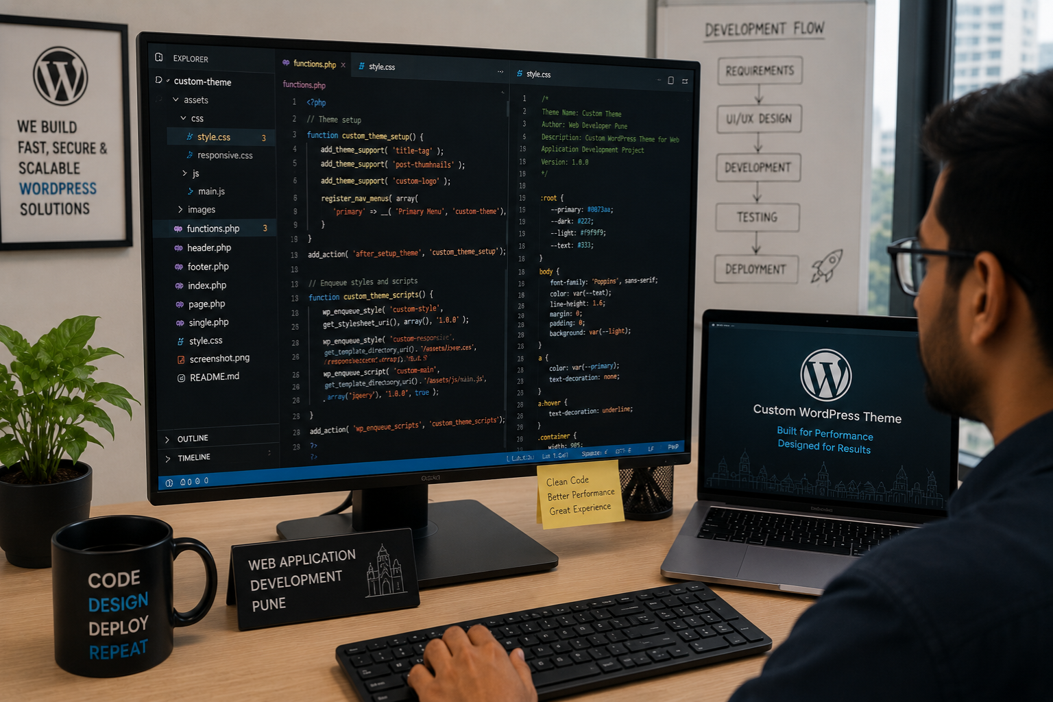 Custom WordPress theme code on developer screen showing clean PHP and CSS files for web application development project in Pune