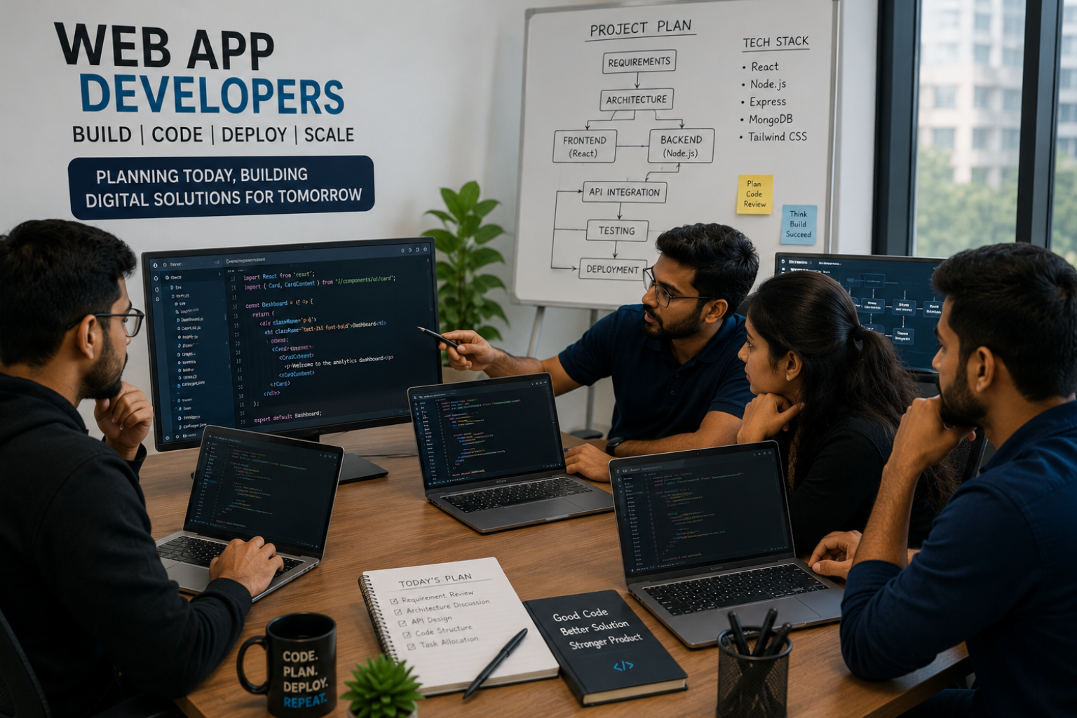 Web app developers at Webcomp Digitex reviewing framework code on multiple screens during project planning