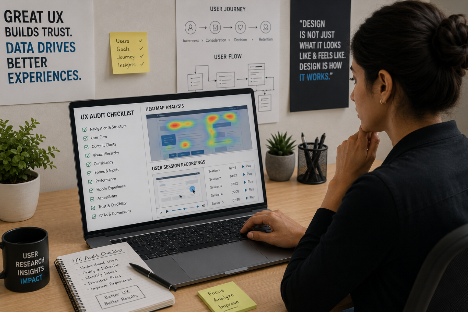 Web application designer reviewing UX audit checklist on laptop showing heatmap analysis and user session recordings
