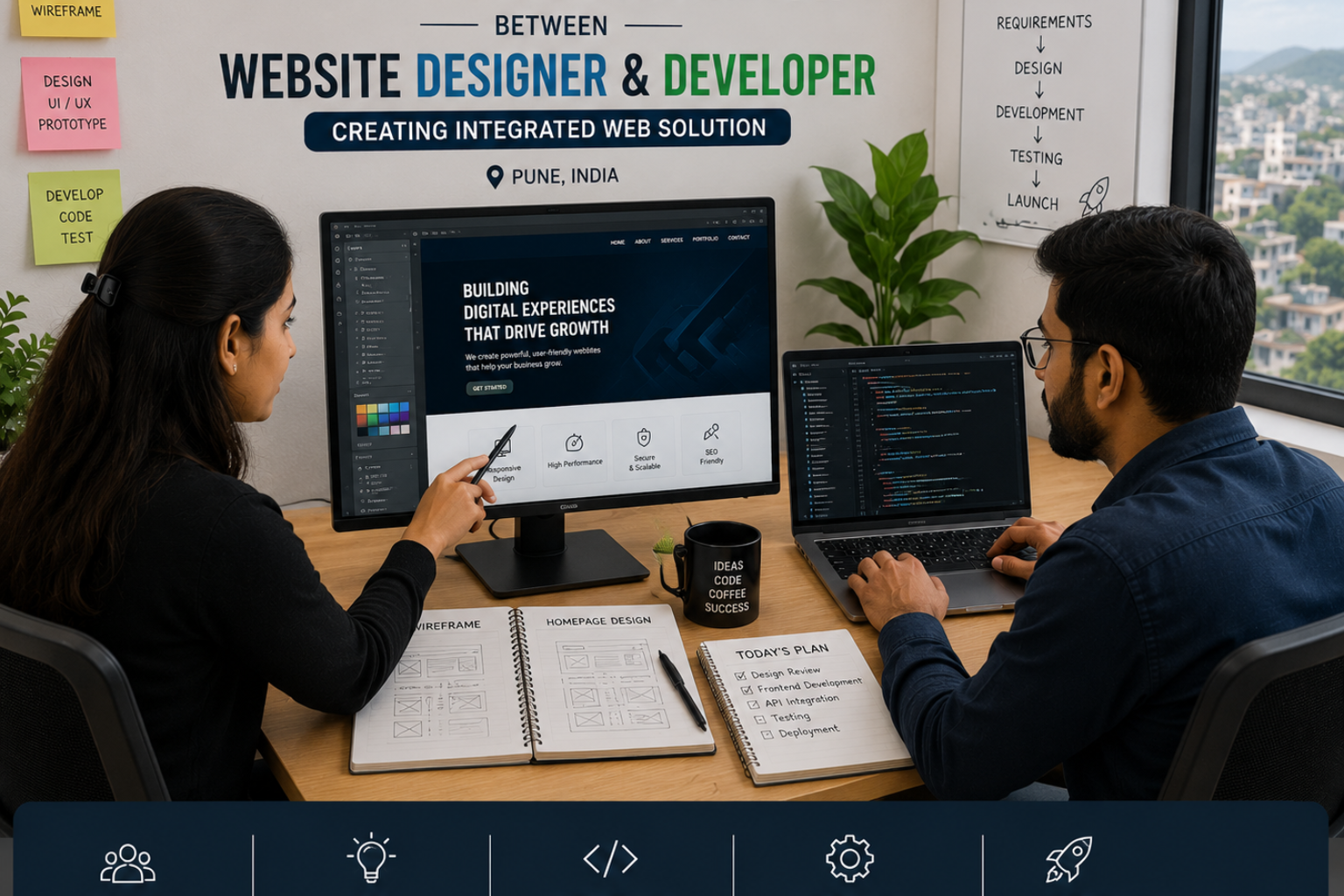 Collaborative workflow between website designer and developer at Webcomp Digitex office in Pune creating integrated web solution