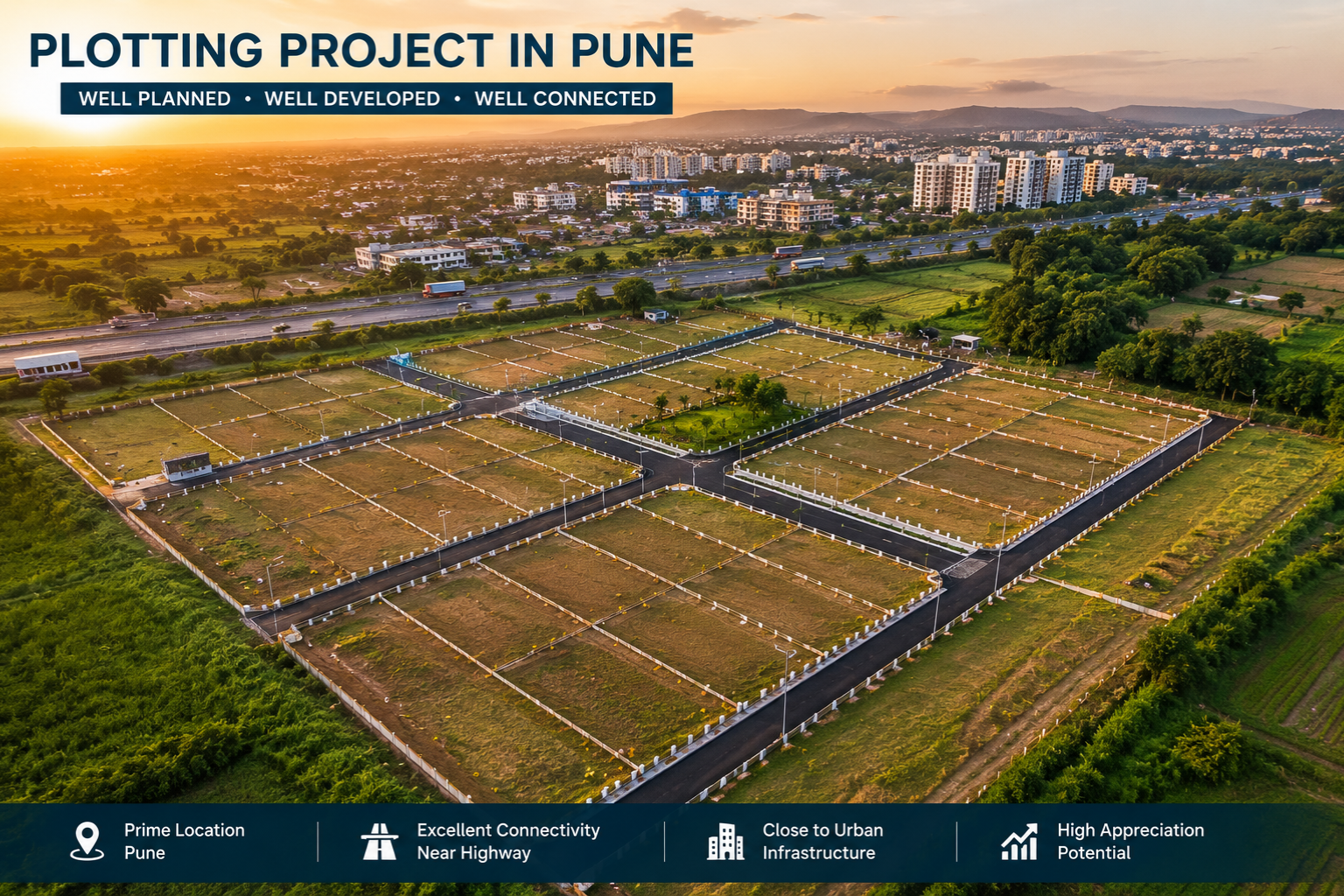 Plotting project development site in Pune, India, showing clearly demarcated rectangular plots with boundary markers, paved internal roads, streetlights being installed, and surrounding green landscape.