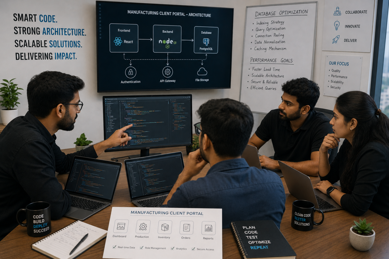 Web app development team at Webcomp Digitex in Pune reviewing code architecture and database optimization for manufacturing client portal