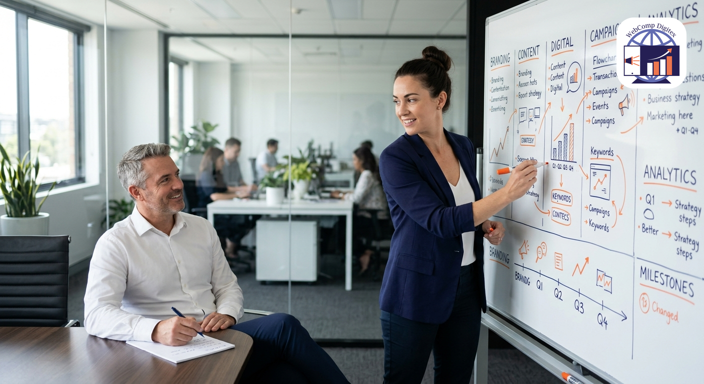 Agency strategist presenting marketing roadmap on whiteboard to attentive client, bright office interior, genuine intera