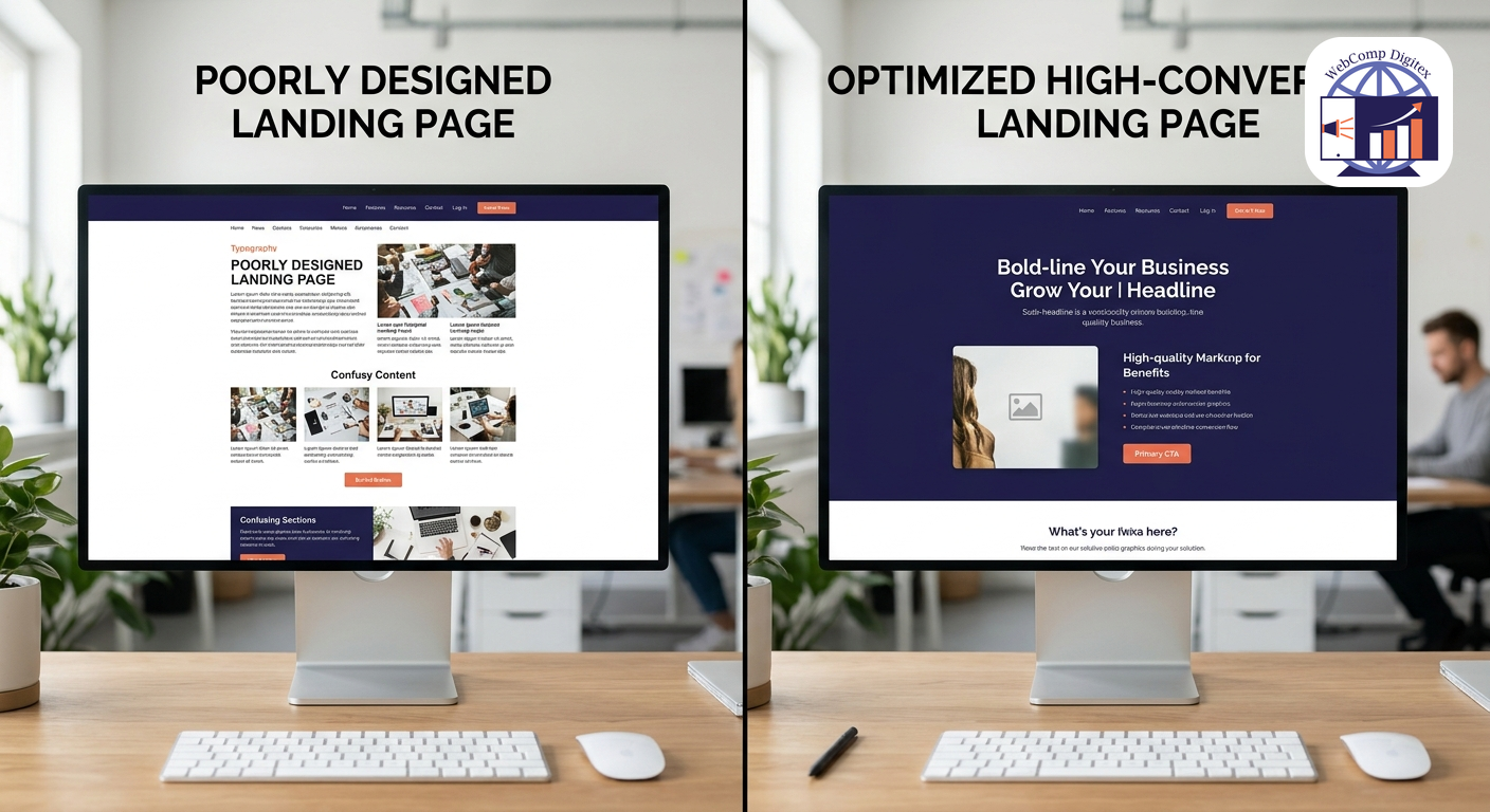 Split-screen comparison showing poorly designed landing page versus optimized high-converting landing page layout, clear