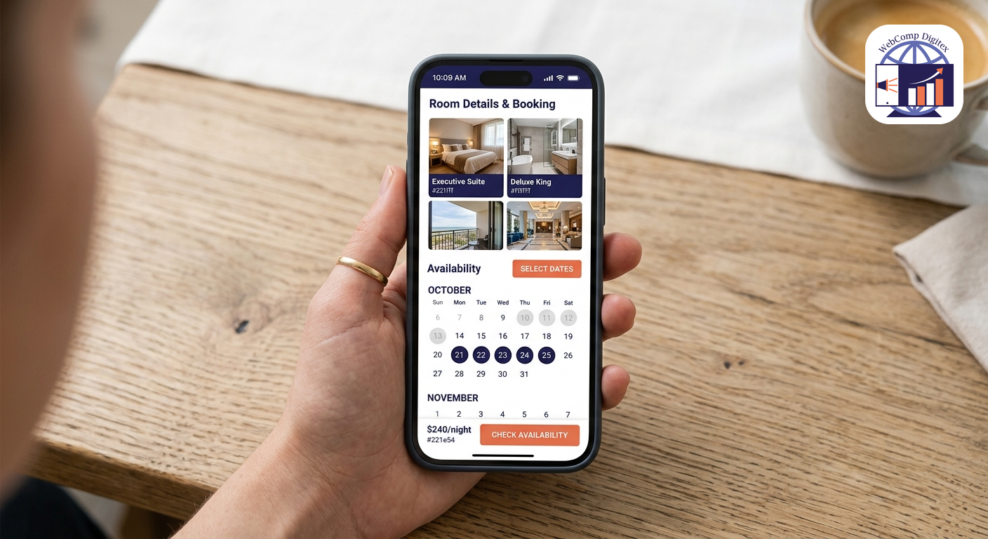 Smartphone displaying hotel booking website with room photos and availability calendar, hand holding device, clean UI vi