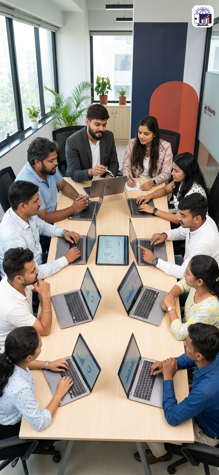 Real estate developer and marketing consultant reviewing ad performance reports together at a conference table, natural
