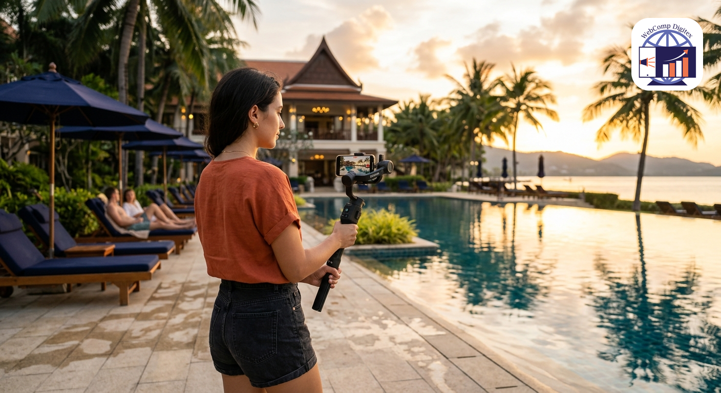Social media content creator filming resort pool area with gimbal and smartphone, golden hour sunlight, behind-the-scene