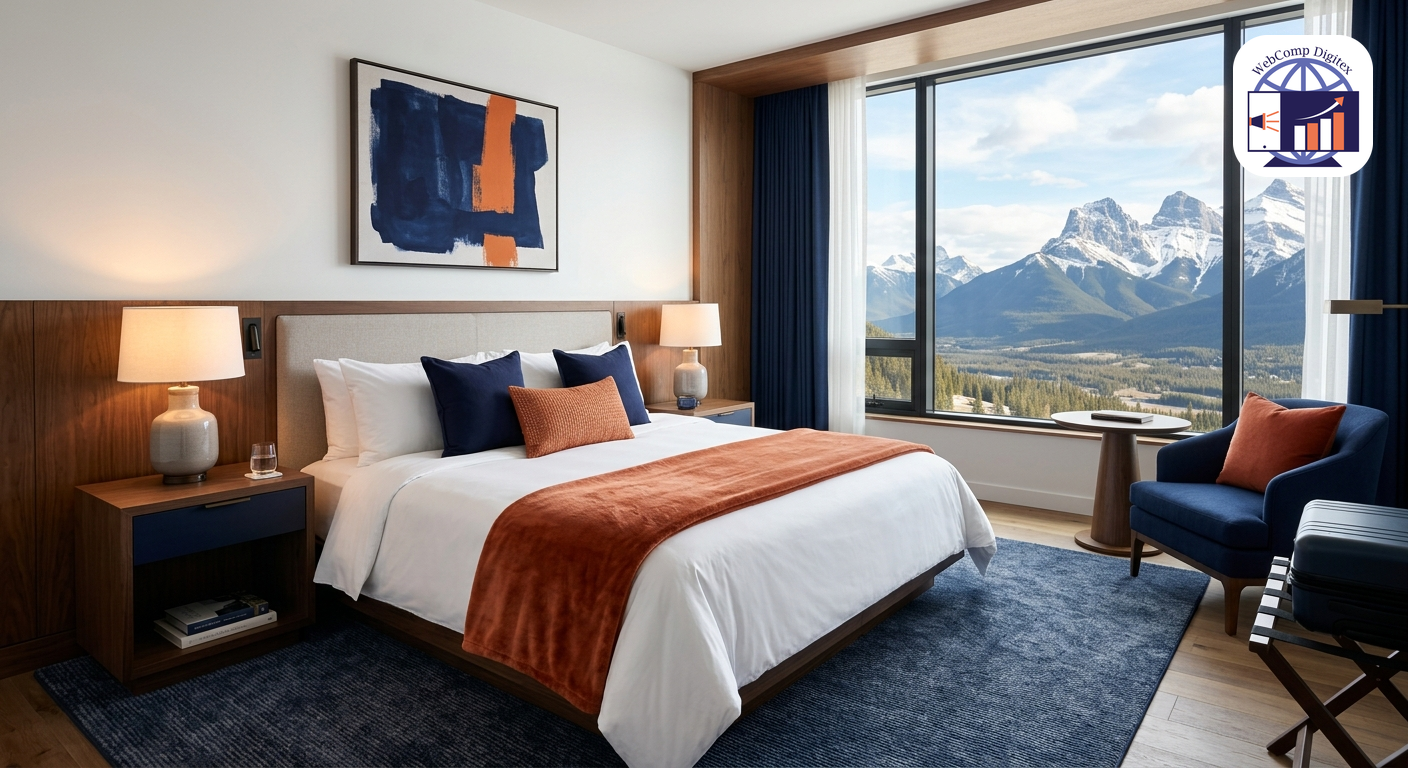 Modern hotel room with mountain view through large windows, neatly made bed, warm interior lighting, professional real e